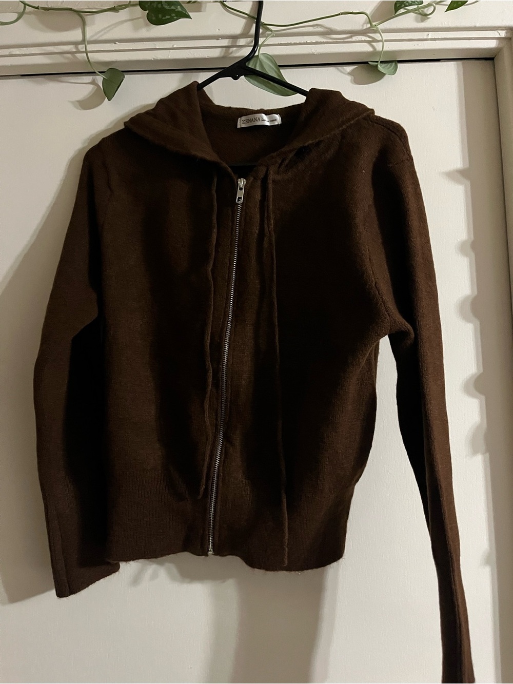 Zenana Outfitters Brown Hooded Zip-Up Sweater Jacket